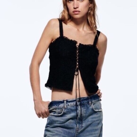 NWT!! ZARA Limited Edition Lace Top Black Lace-Up Front Tank Shirt Crop Large - Picture 1 of 16
